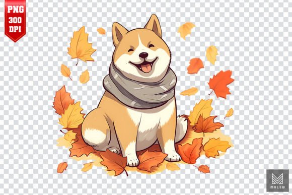Cute Akita Dog with Fall Leaves Clipart