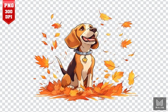Cute Beagle Dog with Fall Leaves Clipart