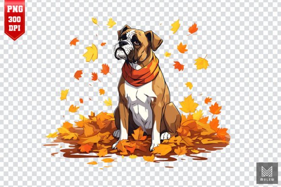 Cute Boxer Dog with Fall Leaves Clipart